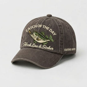 Fishing Bass Catch Of The Day Hook Line & Sinker Custom Name Embroidered Hat , Vintage Washed Cotton Dad Cap Personalized Gift - 5