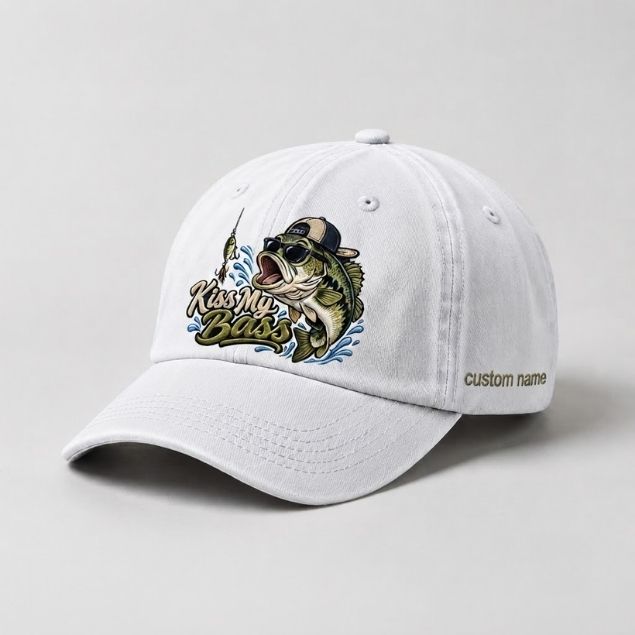 Kiss My Bass Custom Name Embroidered Hat, Funny Largemouth Fisherman Cap Gift