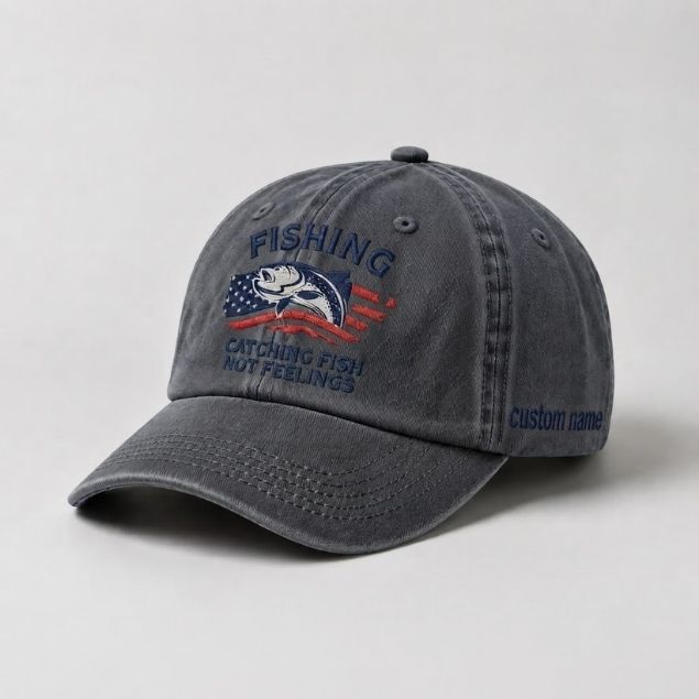 Catching Fish Not Feelings Custom Embroidered Hat, Funny USA Flag Fishing Dad Hat, Fisherman Hat Gift