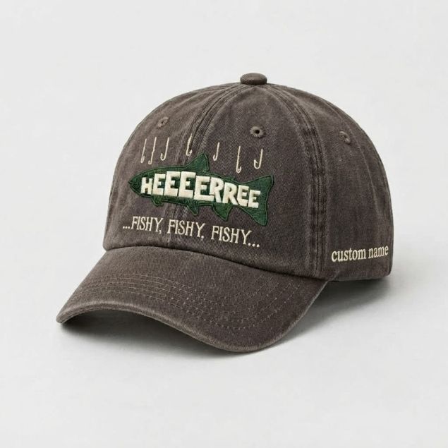 Embroidered HEEEERRREE Fishy Fishy Fishy Custom Name Hat, Funny Fishing Vintage Washed Dad Cap