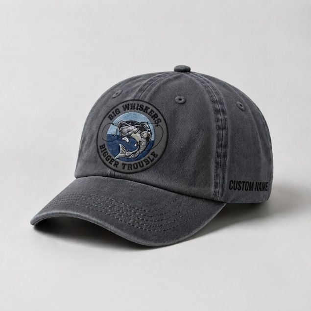 Big Whiskers Bigger Trouble Hat, Custom Name Embroidered Cap, Personalized Catfish Fishing Dad Hat