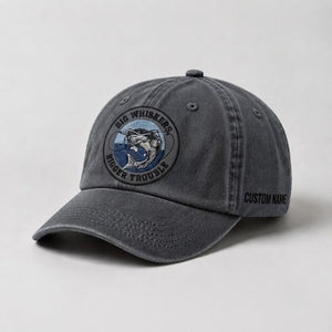 Big Whiskers Bigger Trouble Hat, Custom Name Embroidered Cap, Personalized Catfish Fishing Dad Hat - 1