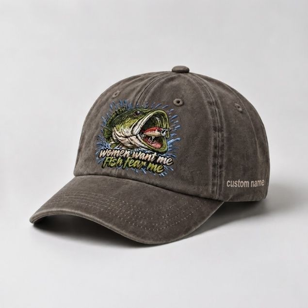 Women Want Me Fish Fear Me Largemouth Bass Custom Name Embroidered Fishing Cap, Funny Bass Lure Angler Gift