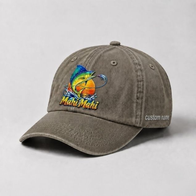 Mahi Mahi Custom Name Embroidered Fishing Hat, Saltwater Fishing Gift