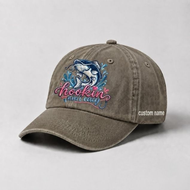 Hookin Ain't Easy Bass Fish Embroidered Hat, Custom Name Fishing Cap for Women