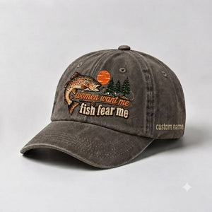Women Want Me Fish Fear Me Brown Trout Embroidered Custom Name Fly Fishing Cap, Vintage Trout Fishing Gift - 5