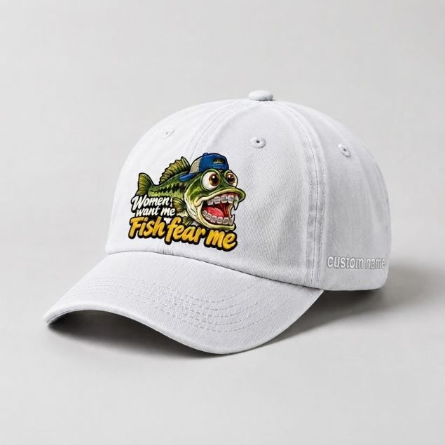 Women Want Me Fish Fear Me Largemouth Bass Custom Name Funny Embroidered Fishing Cap, Fisherman Gift