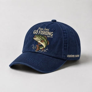Jesus Said Go Fishing Luke 5:4 Custom Name Embroidered Hat, Personalized Christian Fishing Bass Design Cap with Vintage Fish Stitch Artwork - 3