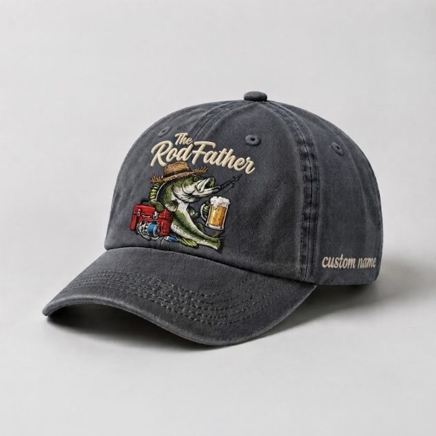 The Rod Father Largemouth Bass Embroidered Hat, Custom Name Fishing Cap, Vintage Bass Fishing Hat