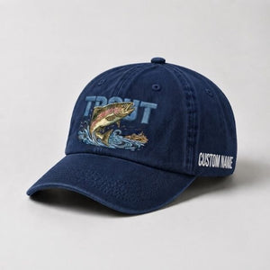 Trout Custom Name Embroidered Hat, Vintage Washed Fishing Dad Cap, Angler Fishing Lover Gift - 3