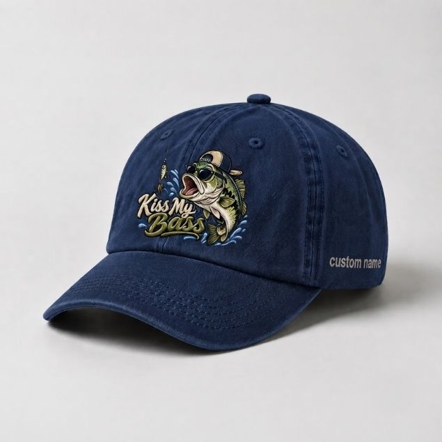 Kiss My Bass Custom Name Embroidered Hat, Funny Largemouth Fisherman Cap Gift
