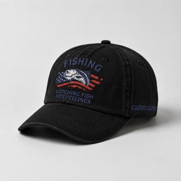 Catching Fish Not Feelings Custom Embroidered Hat, Funny USA Flag Fishing Dad Hat, Fisherman Hat Gift
