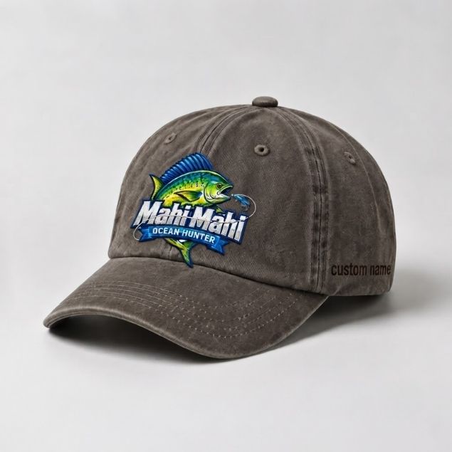 Mahi Mahi Ocean Hunter Custom Name Embroidered Fishing Hat, Offshore Angler Hat