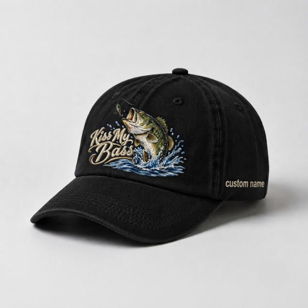 Kiss My Bass Custom Name Embroidered Hat, Fishing Lure Angler Cap