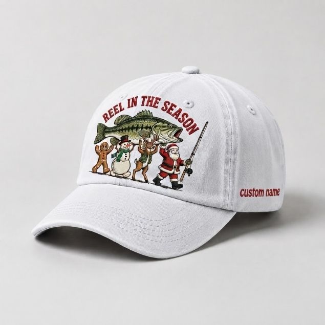 Reel In The Season Custom Name Embroidered Hat, Personalized Christmas Fishing Cap with Bass Fish