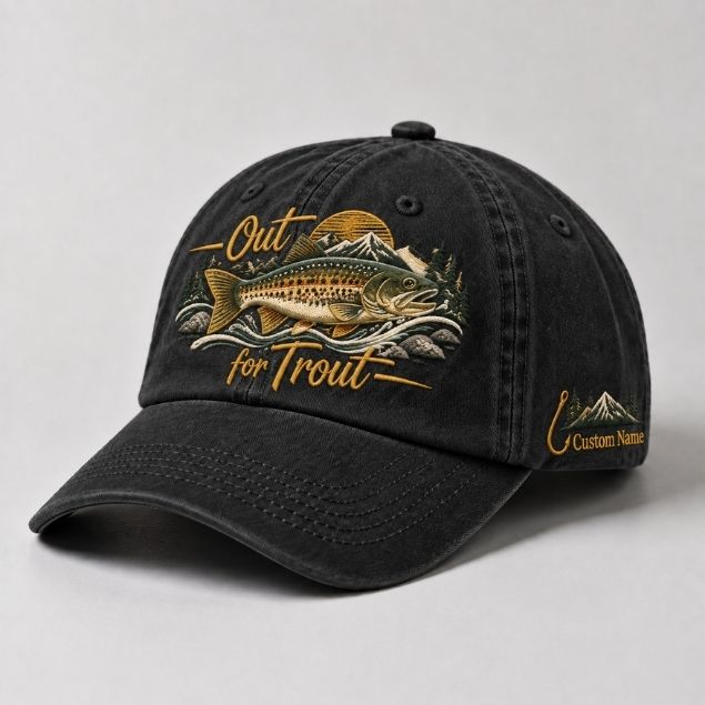 Vintage Trout Fishing Embroidered Hat Design, Custom Fisherman Cap Artwork