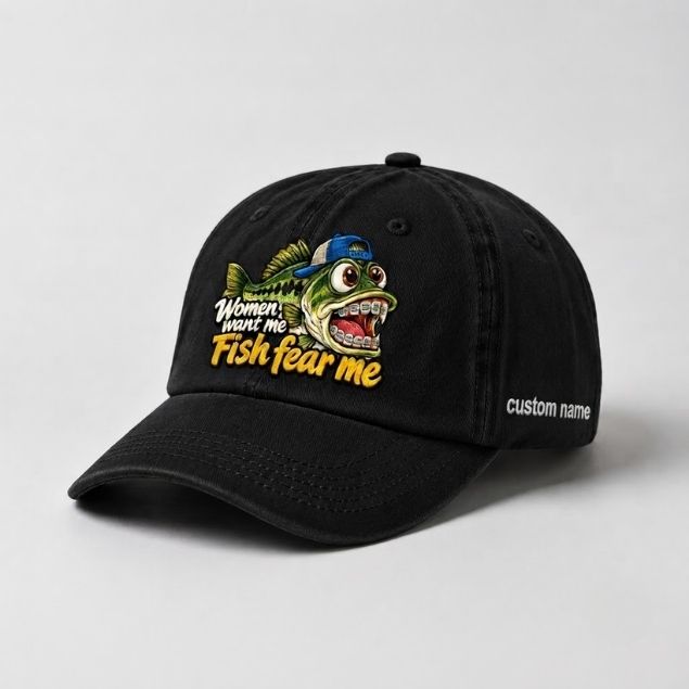 Women Want Me Fish Fear Me Largemouth Bass Custom Name Funny Embroidered Fishing Cap, Fisherman Gift