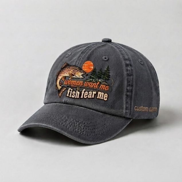 Women Want Me Fish Fear Me Brown Trout Embroidered Custom Name Fly Fishing Cap, Vintage Trout Fishing Gift