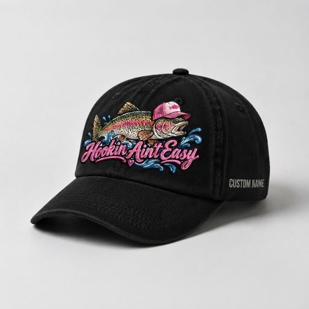 Hookin Ain’t Easy Rainbow Trout Custom Name Embroidered Hat for Women