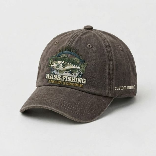 Bass Fishing Angler's Kingdom Cap Custom Name Embroidered Hat, Vintage Washed Black Dad Hat