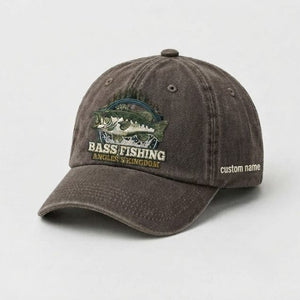 Bass Fishing Angler's Kingdom Cap Custom Name Embroidered Hat, Vintage Washed Black Dad Hat - 5