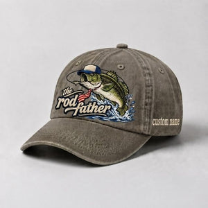 The Rod Father Custom Name Embroidered Fishing Hat, Largemouth Bass Fish Vintage Washed Baseball Cap - 6