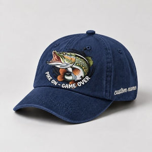 Pike On - Game Over Embroidered Dad Hat, Fishing Pike Fish Hat, Custom Name Personalized Cap, Vintage Outdoor Angler Hat - 3