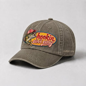 Hookin Aint Easy Bass Fish Custom Name  Embroidery Cap, Vintage Washed Cotton Hat For Women - 6