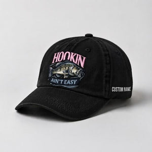 Hookin Ain'T Easy Bass Fishing Embroidered Cap With Custom Name, Washed Cotton Hat For Women - 2