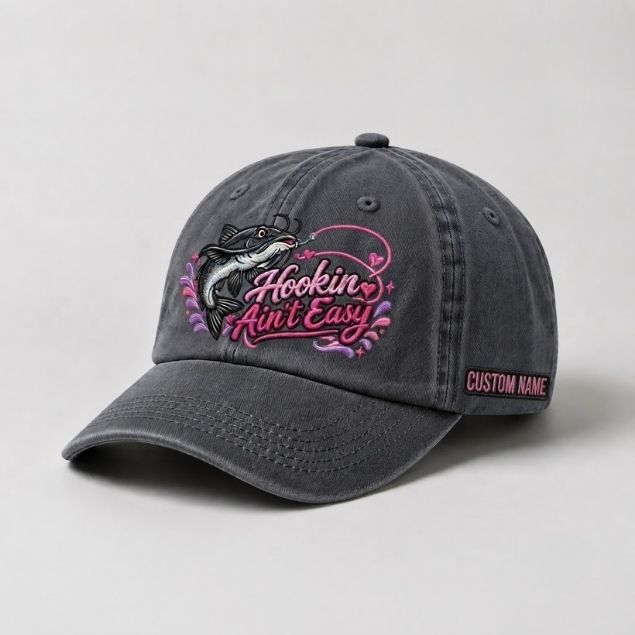 Hookin Ain't Easy Catfish Embroidered Hat, Custom Name Fishing Cap for Women