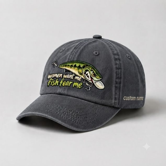 Women Want Me Fish Fear Me Largemouth Bass Lure Embroidered Custom Name Fishing Cap, Funny Bass Fishing Gift