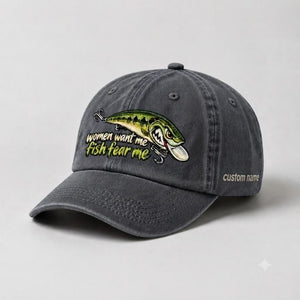 Women Want Me Fish Fear Me Largemouth Bass Lure Embroidered Custom Name Fishing Cap, Funny Bass Fishing Gift - 1