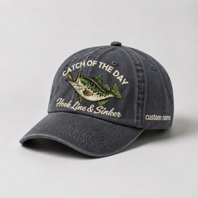 Catch Of The Day Hook Line & Sinker Custom Name Embroidered Hat, Personalized Bass Fishing Cap with Vintage Angler Stitch Design