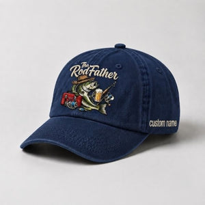 The Rod Father Largemouth Bass Embroidered Hat, Custom Name Fishing Cap, Vintage Bass Fishing Hat - 3
