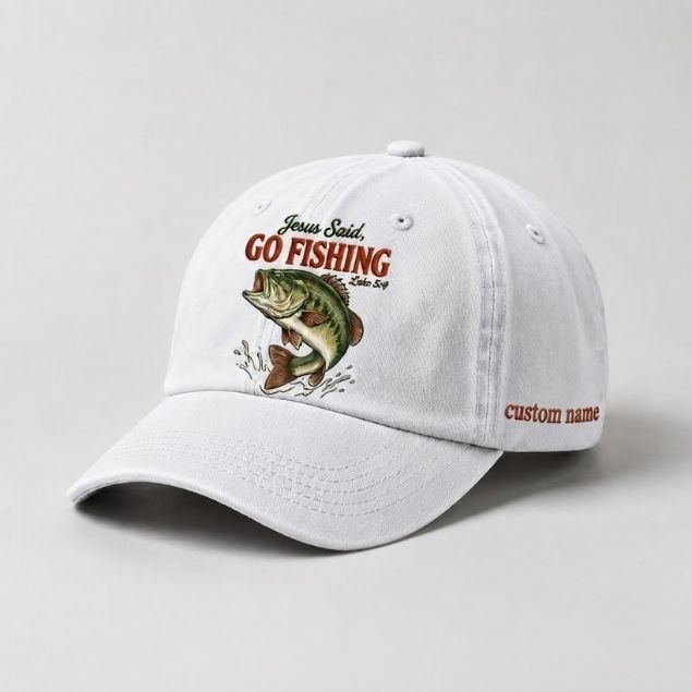 Jesus Said Go Fishing Luke 5:4 Custom Name Embroidered Hat, Personalized Christian Fishing Bass Design Cap with Vintage Fish Stitch Artwork