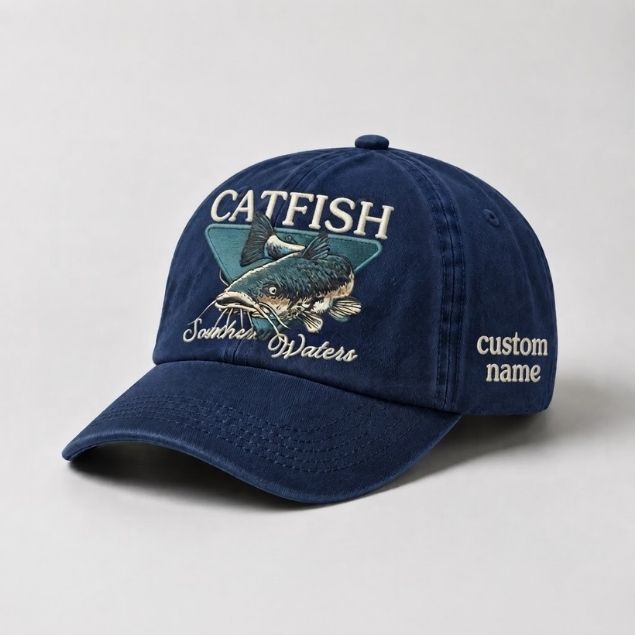 Catfish Hat Souther Waters Custom Name Embroidered, Personalized Fishing Dad Hat, River Angler Baseball Cap, Fisherman Gift