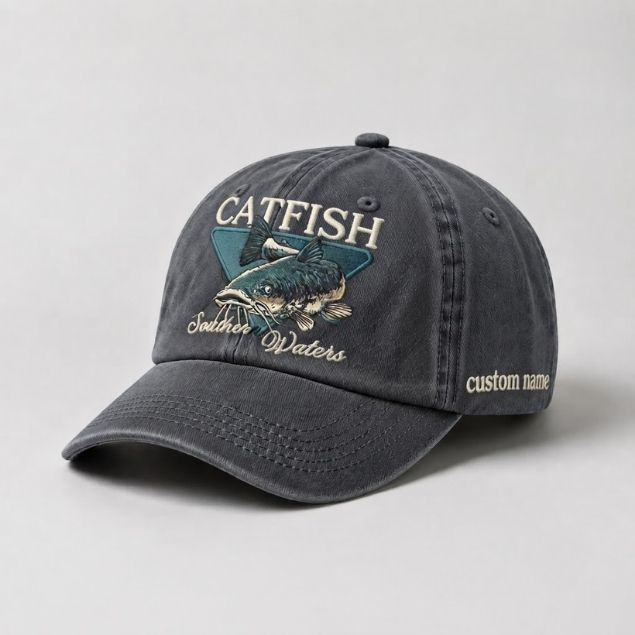 Catfish Hat Souther Waters Custom Name Embroidered, Personalized Fishing Dad Hat, River Angler Baseball Cap, Fisherman Gift