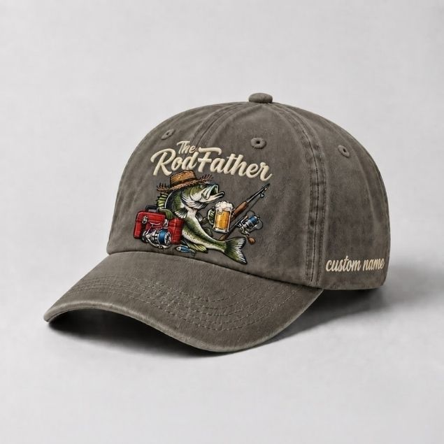 The Rod Father Largemouth Bass Embroidered Hat, Custom Name Fishing Cap, Vintage Bass Fishing Hat
