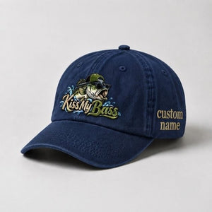 Kiss My Bass Custom Name Embroidered Hat, Largemouth Bass Sunglasses Fishing Hat - 3