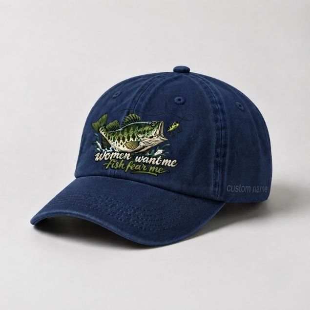 Women Want Me Fish Fear Me Largemouth Bass Custom Name Embroidered Fishing Hat, Bass Fishing Lover Gift