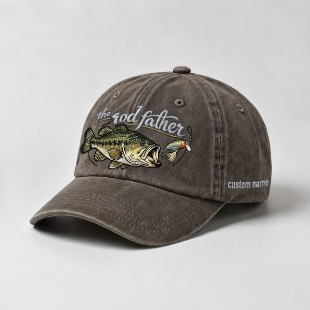 The Rod Father Largemouth Bass Embroidered Hat, Custom Name Fishing Cap, Bass Lure Fishing Hat