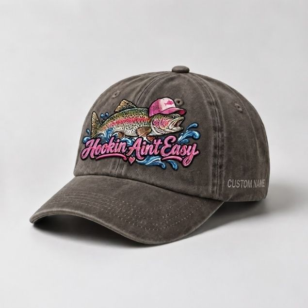 Hookin Ain’t Easy Rainbow Trout Custom Name Embroidered Hat for Women