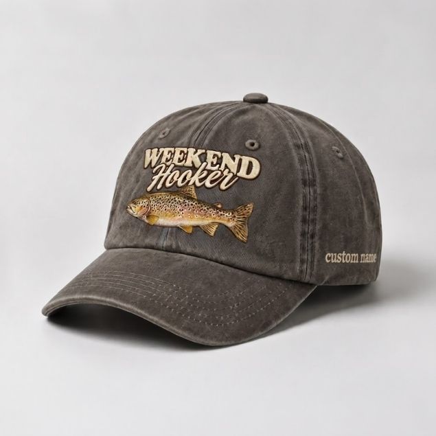 Weekend Hooker Hat Custom Name Brown Trout Fishing Embroidered