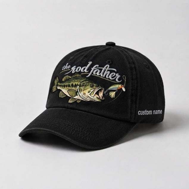The Rod Father Largemouth Bass Embroidered Hat, Custom Name Fishing Cap, Bass Lure Fishing Hat