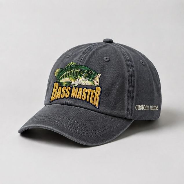Master Baiter Bass Fishing Hat, Largemouth Bass Embroidered Cap with Custom Name