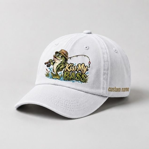 Kiss My Bass Custom Name Embroidered Hat, Largemouth Bass Fishing Hat, Angler Gift