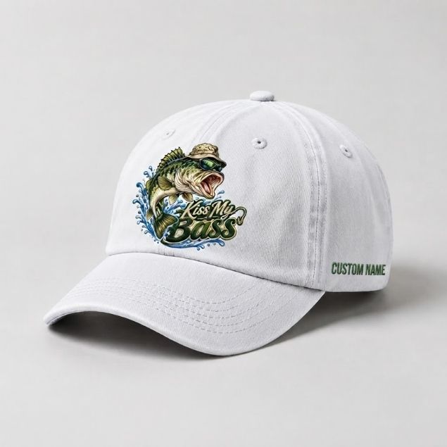 Kiss My Bass Custom Name Embroidered Hat, Largemouth Bass Sunglasses Fishing Hat