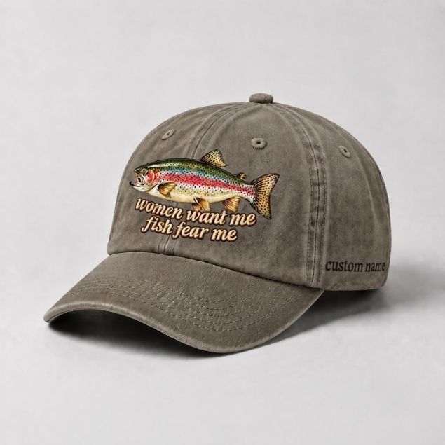 Women Want Me Fish Fear Me Rainbow Trout Custom Name Embroidered  Fishing Cap, Funny Trout Fisherman Gift