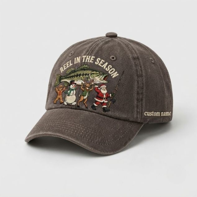 Reel In The Season Custom Name Embroidered Hat, Personalized Christmas Fishing Cap with Bass Fish