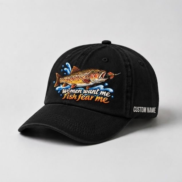 Women Want Me Fish Fear Me Brown Trout Custom Name Embroidered Fishing Cap, Funny Trout Angler Gift